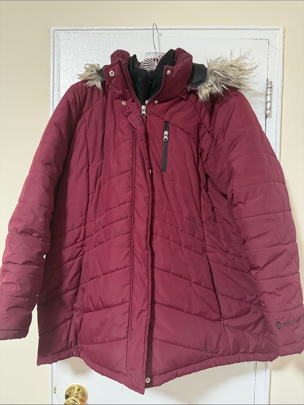 Free Country Maroon Quilted Hooded Puffer Coat with Faux-Fur Trim